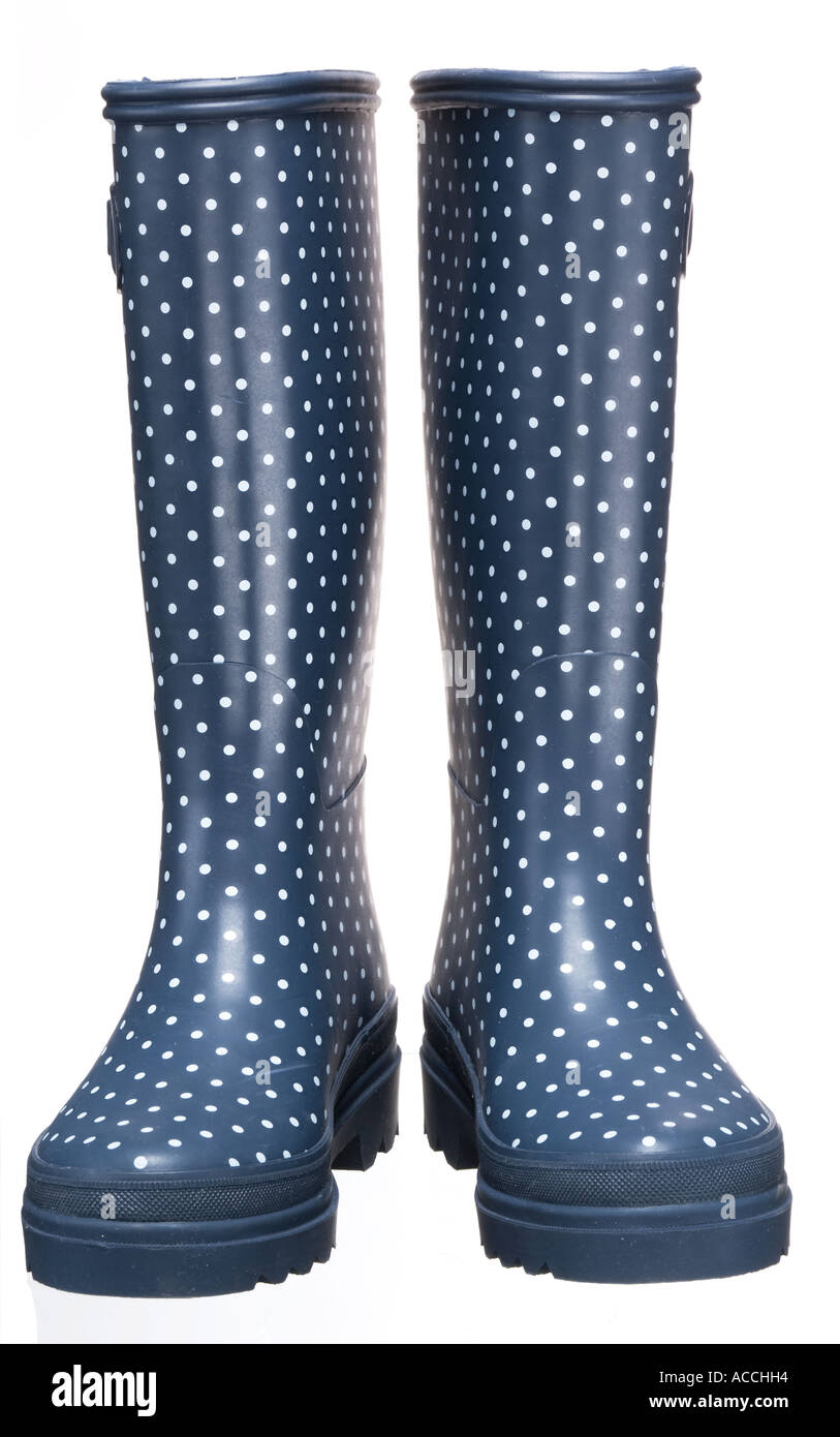 Coppia di macchie blu stivali da pioggia Foto Stock