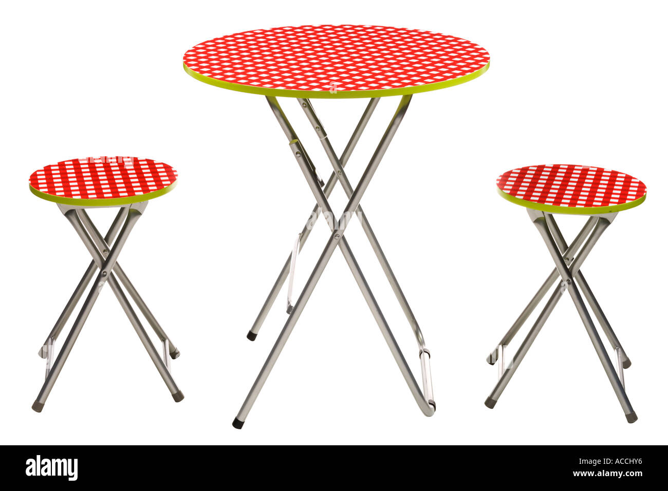Red tavolo da picnic e sgabelli Foto Stock