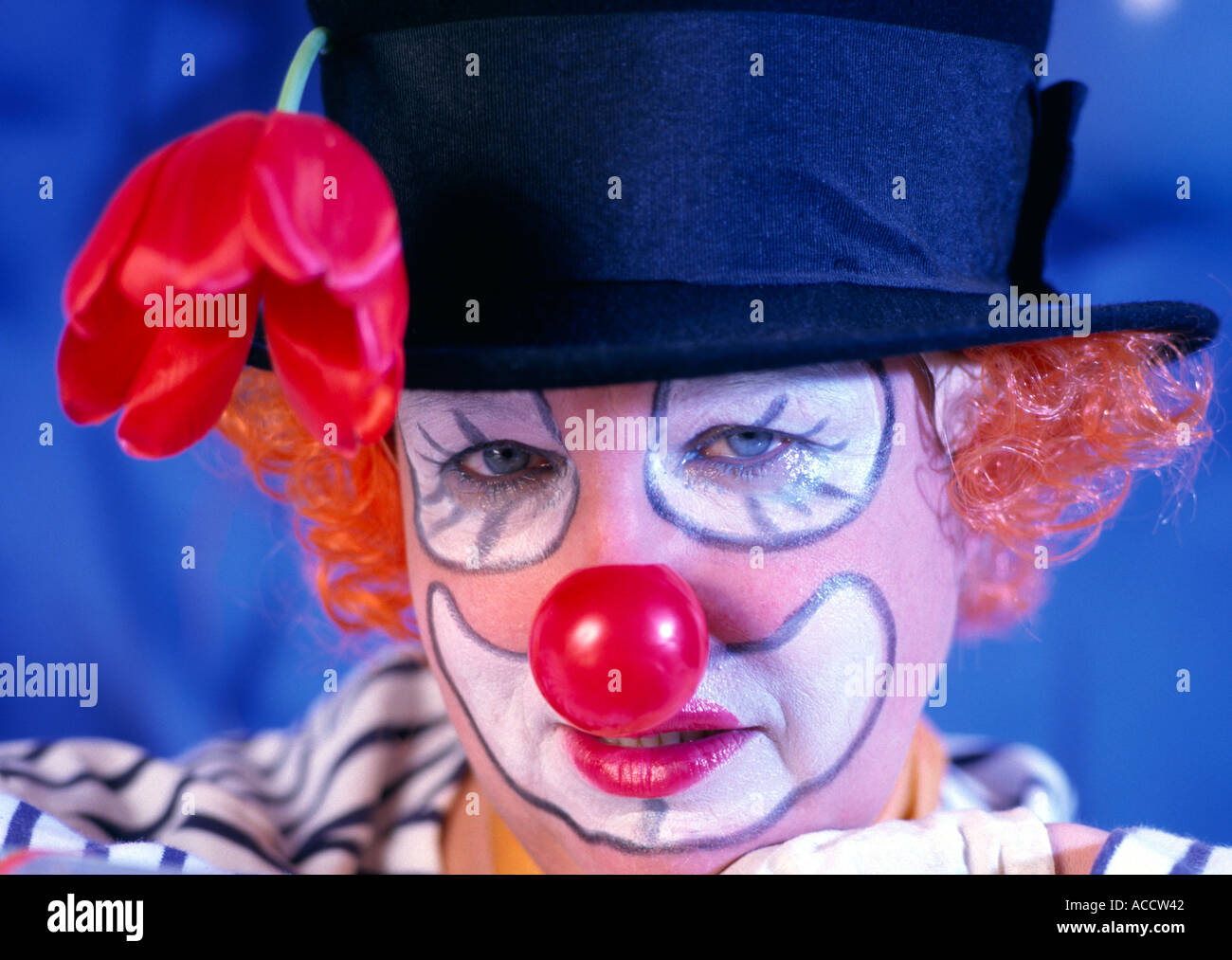 Signor clown con un fiore sul suo cappello Foto Stock