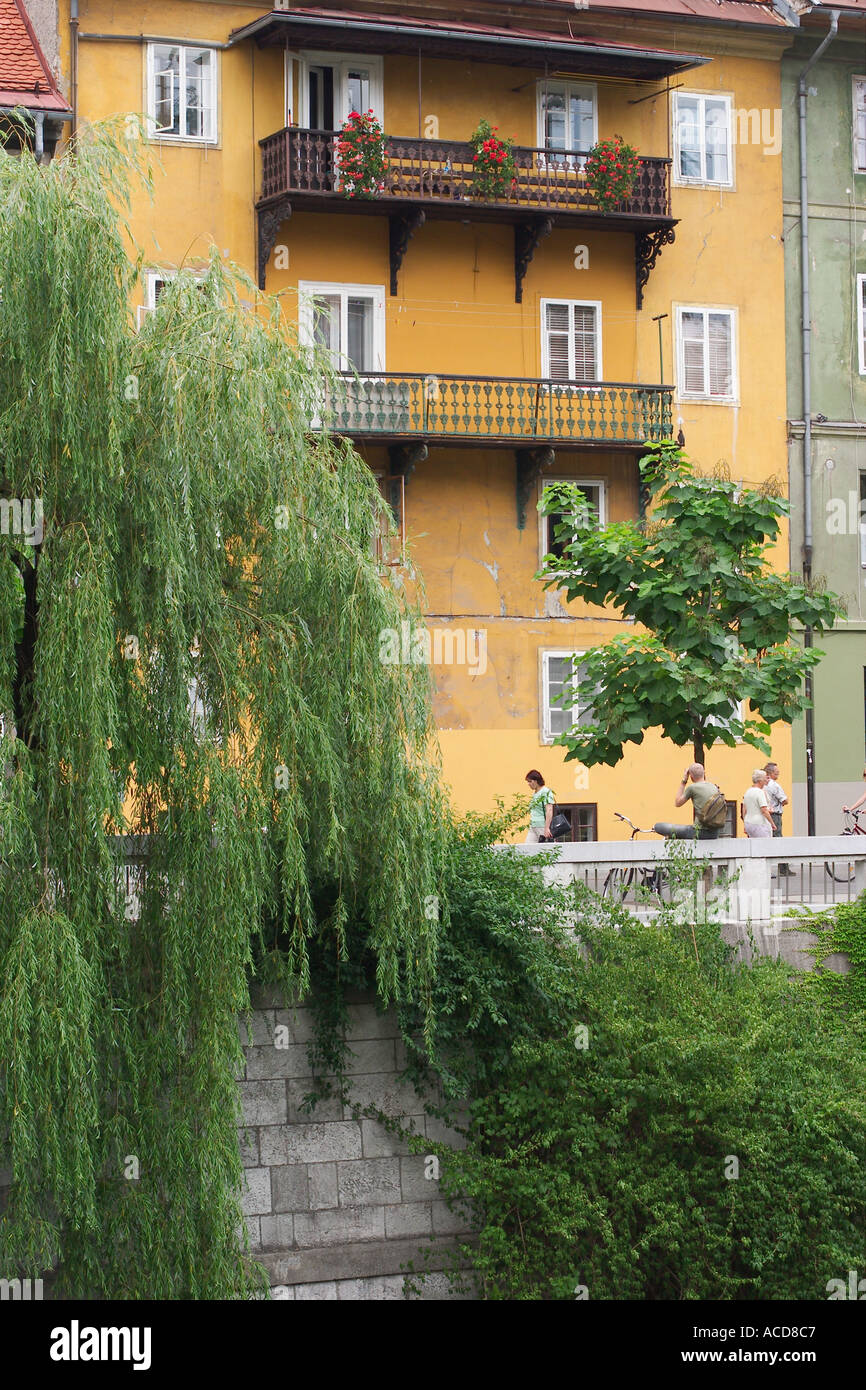 Haus am Flussufer im Zentrum von Ljubljana Laibach Slowenien Slovenia Foto Stock