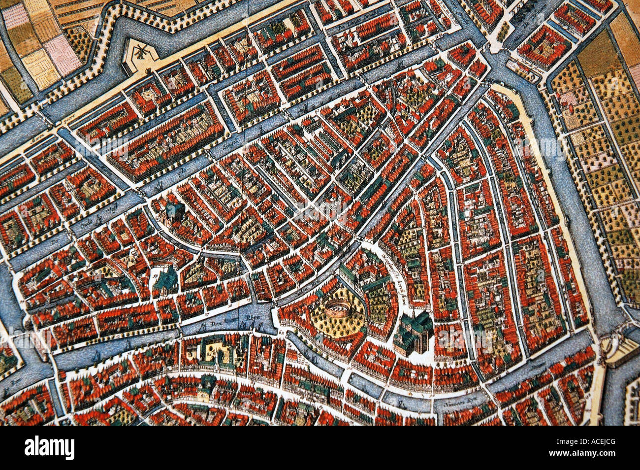 Mappa medievali del centro storico della cittadina olandese di Leida Leida datata 1649 che mostra il castello centrale e la cattedrale e numerosi canali Foto Stock