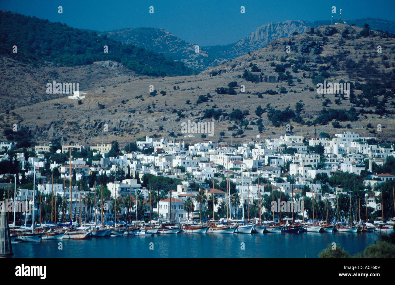 Imbarcazioni da diporto giacciono ancorati nel porto principale di Bodrum Turchia davanti alla città case bianche Foto Stock