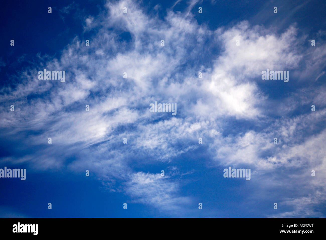 White Cirrus nubi in un brillante blu cielo polarizzato Foto Stock