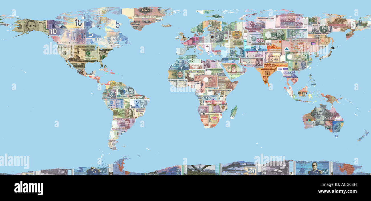 Mappa del mondo riempito con banconote da molti paesi disposti in un collage che mostra la diversità di denaro Foto Stock