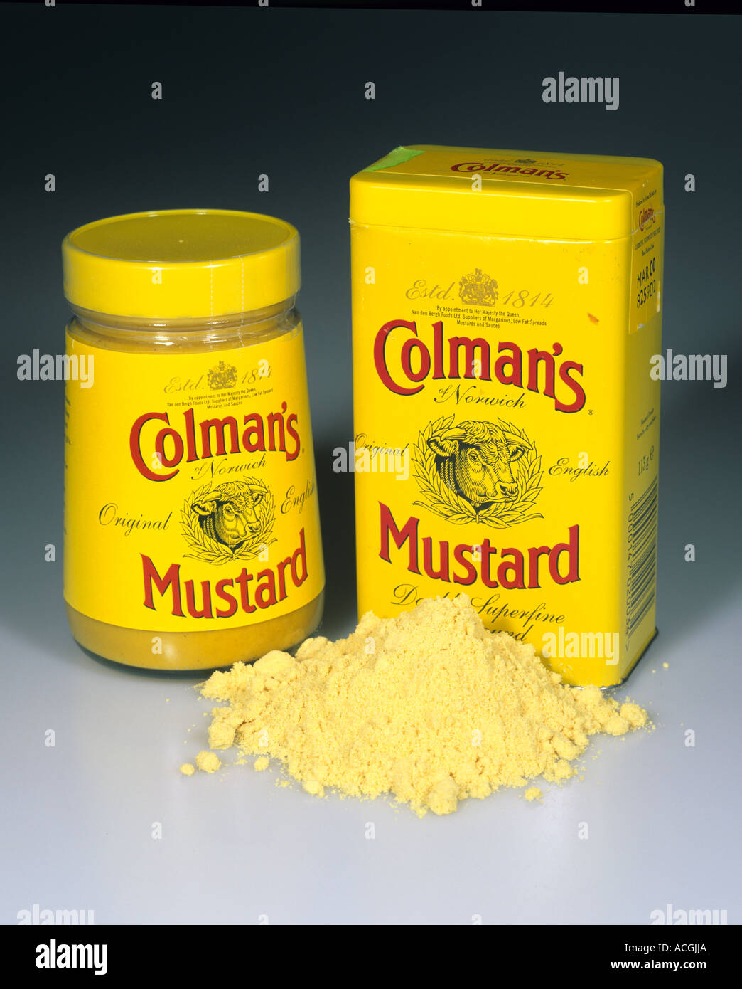 Colmans inglese originale la mostarda in polvere e stagno e preprepared senape in una bottiglia Foto Stock