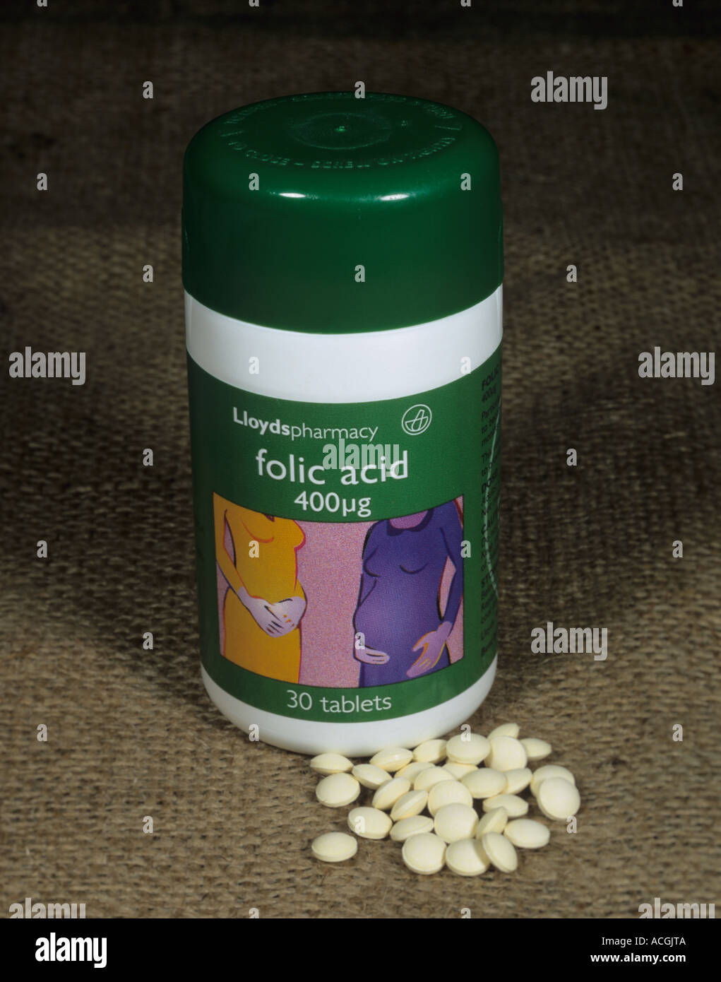 Una bottiglia di acido folico tablet raccomandato durante la gravidanza Foto Stock