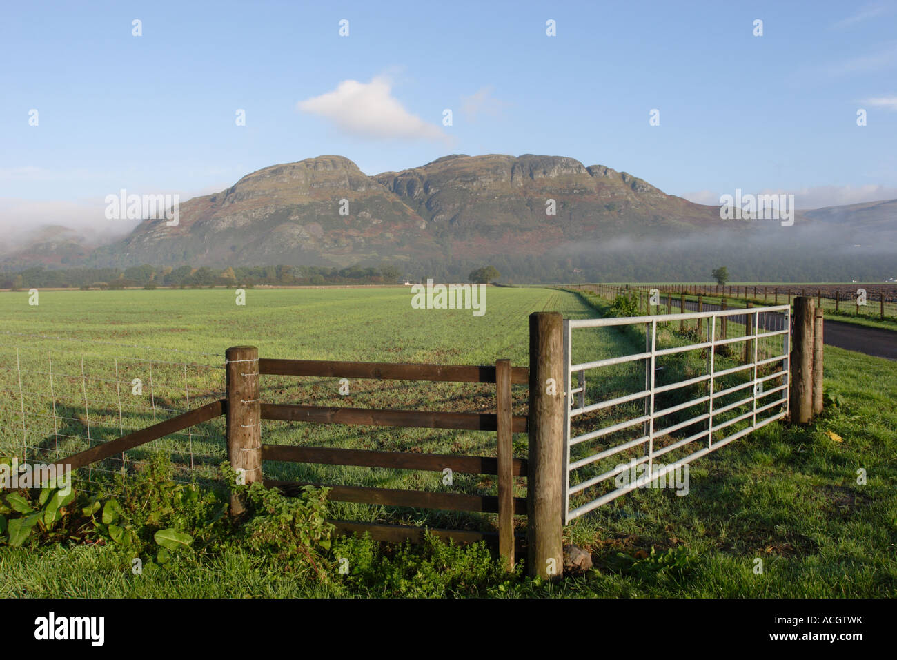 Guardando a Nord verso Dumyat nel Ochil Hills come la nebbia è aggrappato alla collina e terra. Foto Stock