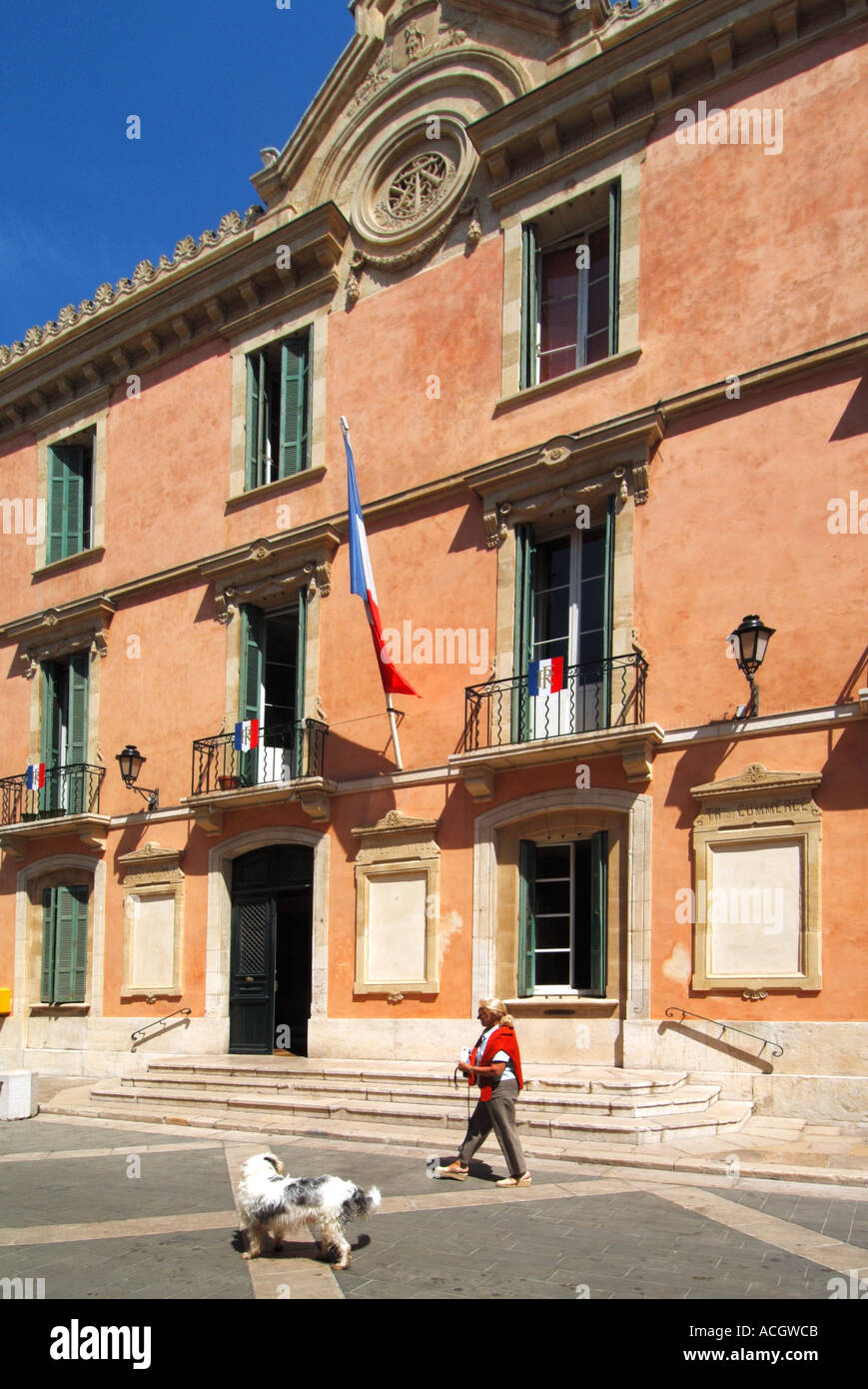 Camminatore di cane passando i passi fino all'ingresso e la soleggiata façade di St Tropez municipio edificio in Provenza-Alpi Côte Azzurra sulla Costa Azzurra Francia Foto Stock