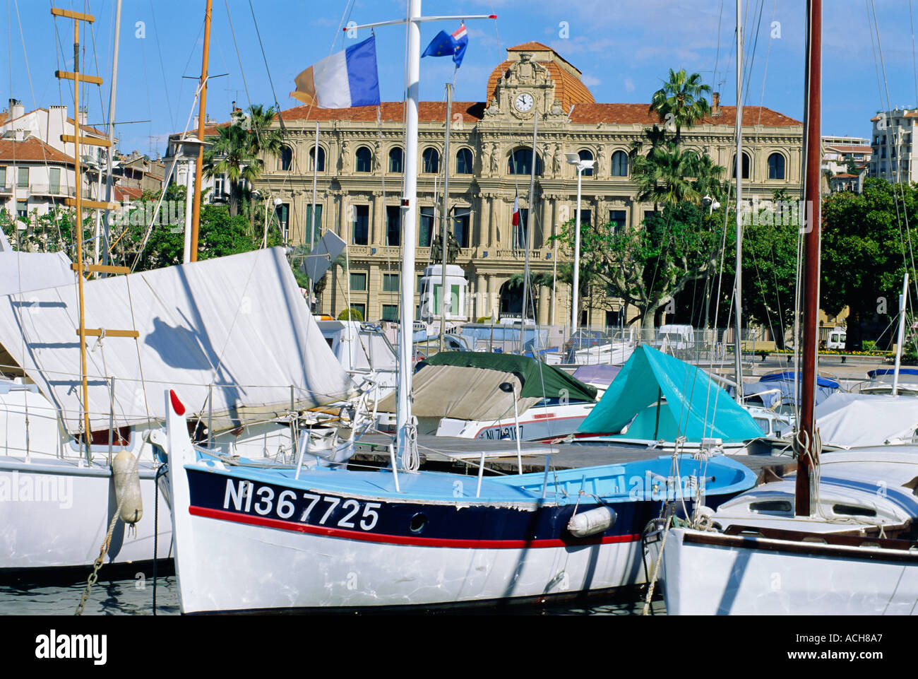 Porto e municipio Cannes Cote d Azur Alpes Maritimes Provence Francia Foto Stock