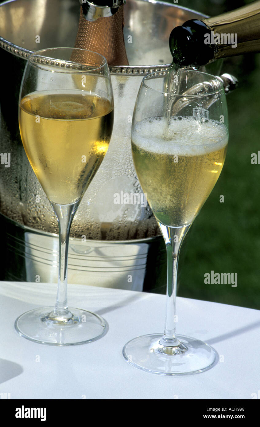 Lo champagne che viene versato in bicchieri Relais et Château Michelin tre  stelle Les Crayeres Reims Marne Champagne Francia Europa Foto stock - Alamy