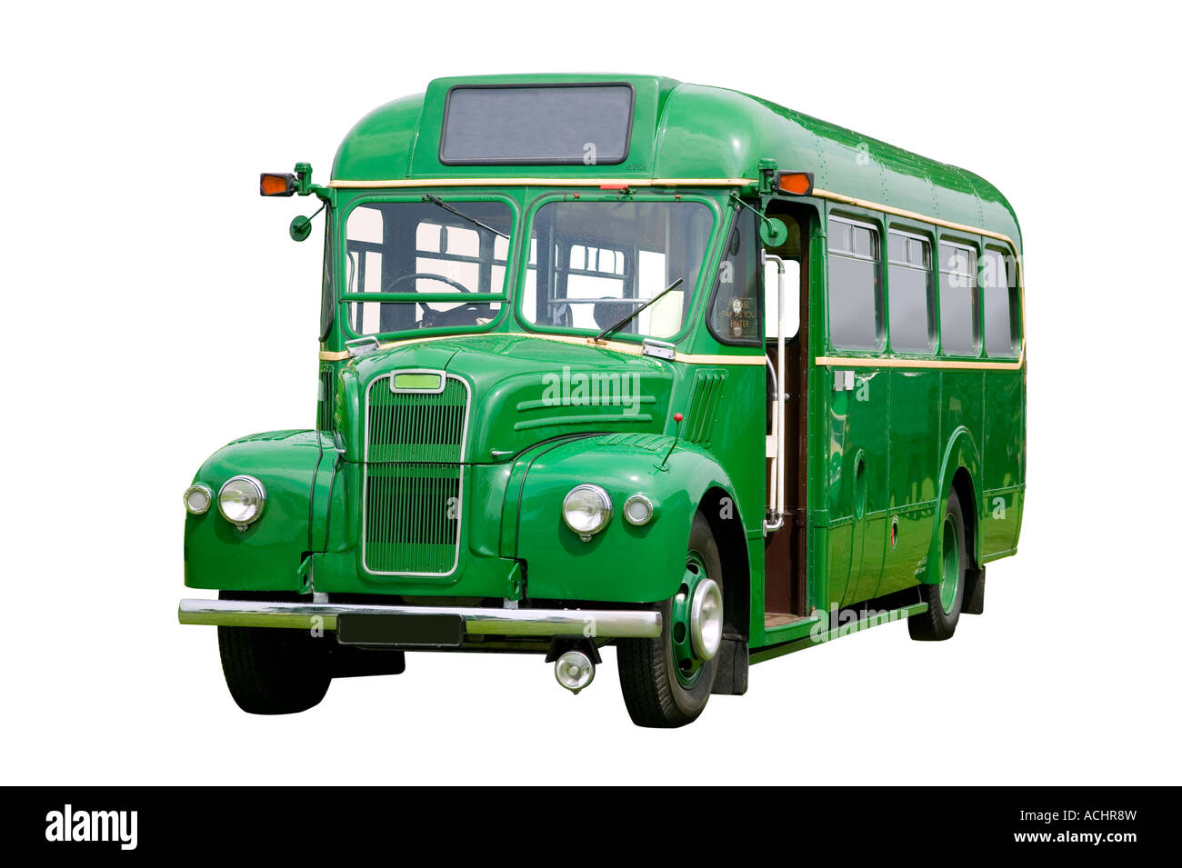 Vintage green bus isolata su bianco con dettagliata del percorso di clipping Foto Stock