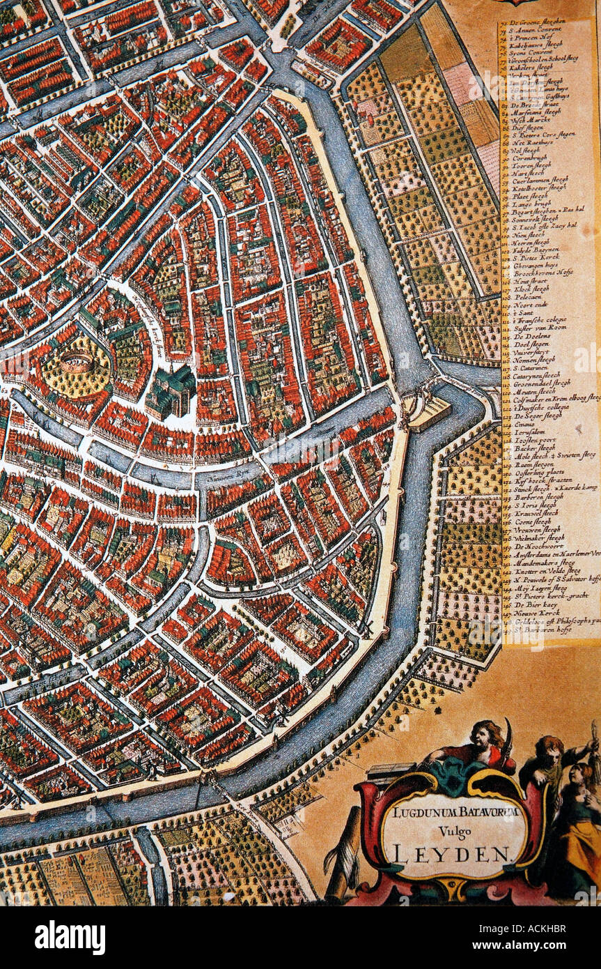 Mappa medievali del centro storico della cittadina olandese di Leida Leida datata 1649 che mostra il castello centrale e la cattedrale e numerosi canali Foto Stock