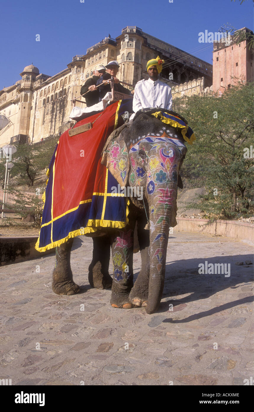 Elephant messa in pausa per un photgraph mentre trasportano i turisti fino alla rampa di Forte Amber vicino a Jaipur India Rajasthan Foto Stock