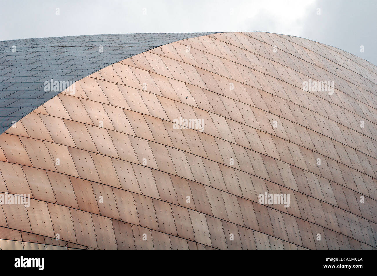 Color rame rivestito in acciaio del tetto dettaglio esterno del Wales Millennium Centre Cardiff Bay South Wales UK Foto Stock