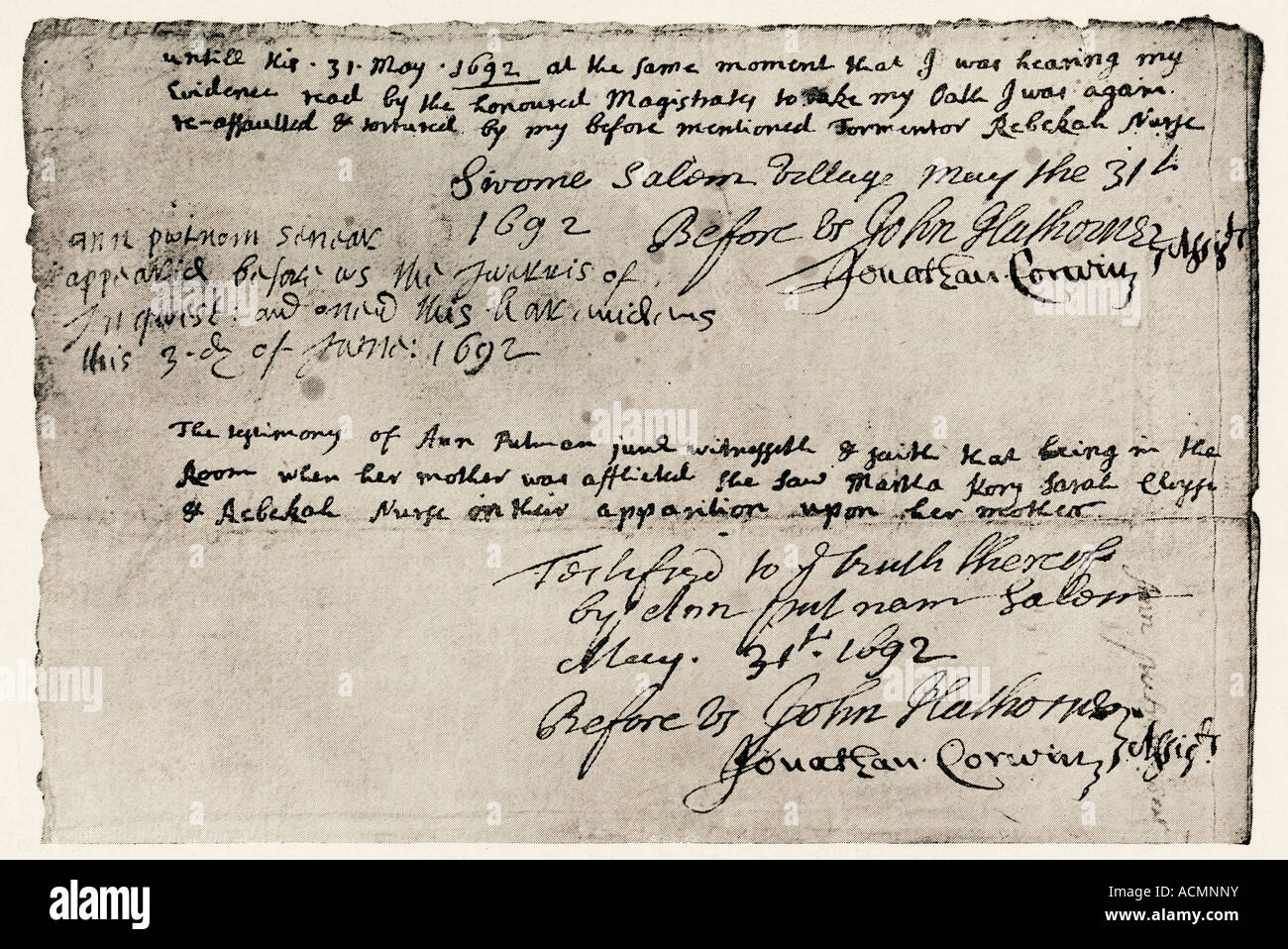 La deposizione del sig.ra Ann Putnam e sua figlia durante il processo alle streghe di Salem 1692. Xilografia con un lavaggio ad acquerello Foto Stock