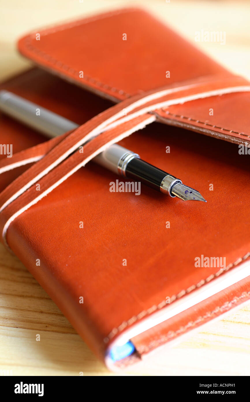 Strumenti di scrittura - notebook e penna. Foto Stock