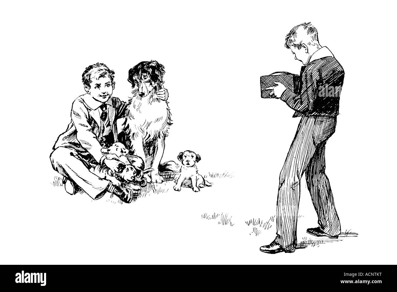 1920s riga illustrazione acquisizione dello snapshot del ragazzo con cani Foto Stock
