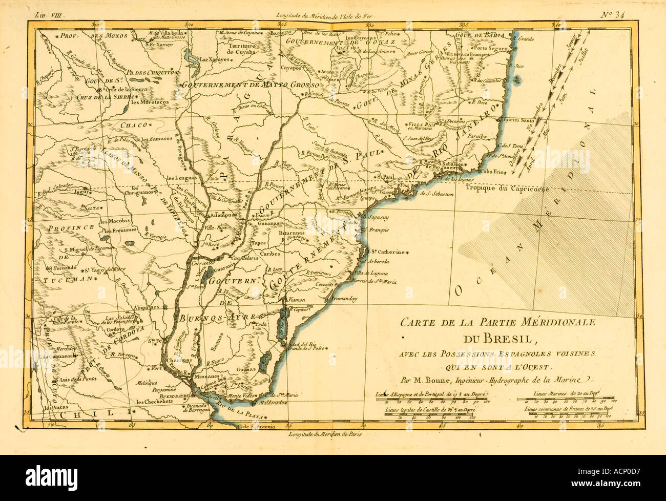 Mappa della regione del Sud del Brasile circa 1760 Foto Stock