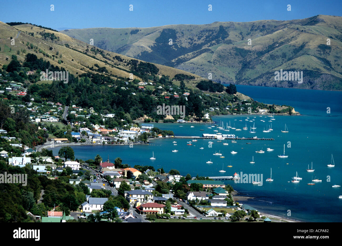 Akaroa panoramica mozzafiato in Nuova Zelanda Foto Stock