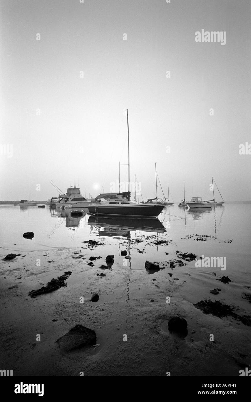 Barche in un ingresso di nebbia cove paesaggio Block Island Rhode Island USA Stati Uniti Foto Stock