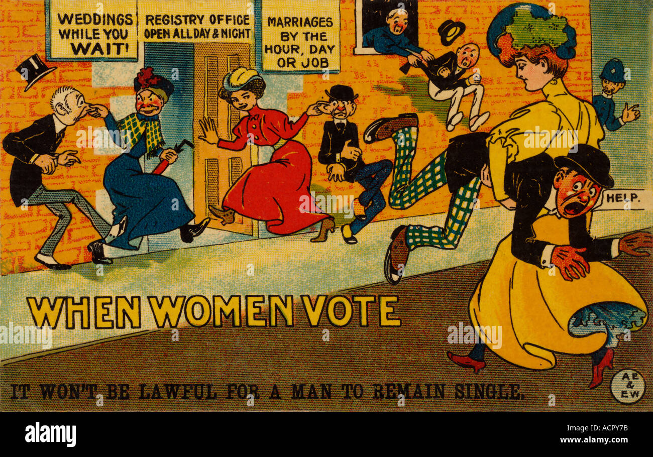 Carta da cartolina satirica della propaganda britannica anti-suffragette contro il suffragio delle donne 'quando le donne votano', diritto di voto, matrimonio, Regno Unito UK del 1910 Foto Stock