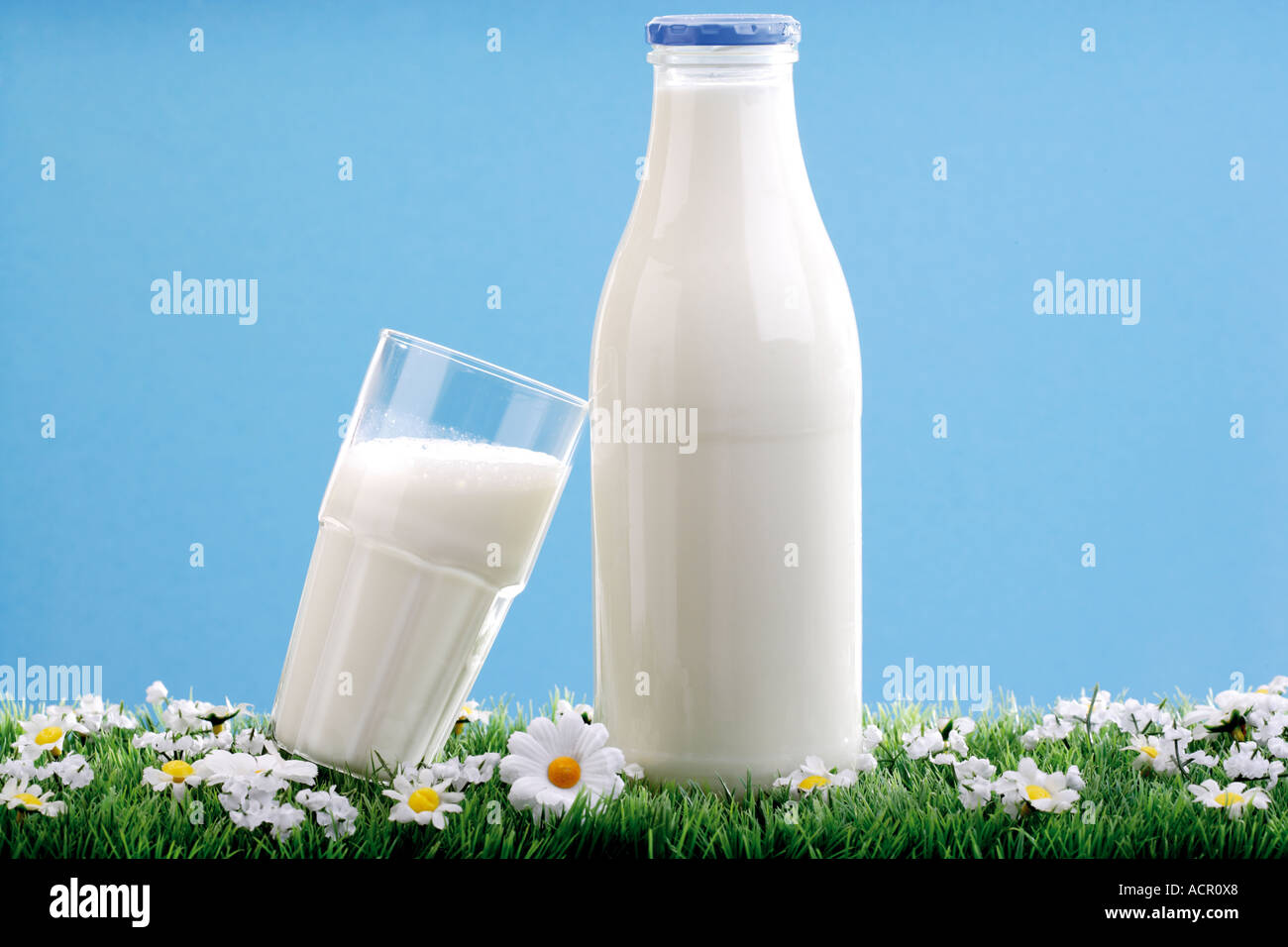 Bottiglia di latte e un bicchiere di latte, close-up Foto Stock