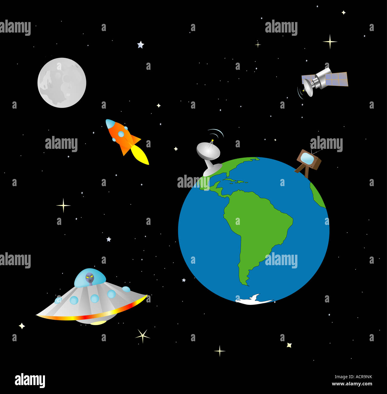 Cartoonish illustrazione della terra e dello spazio esterno Foto Stock