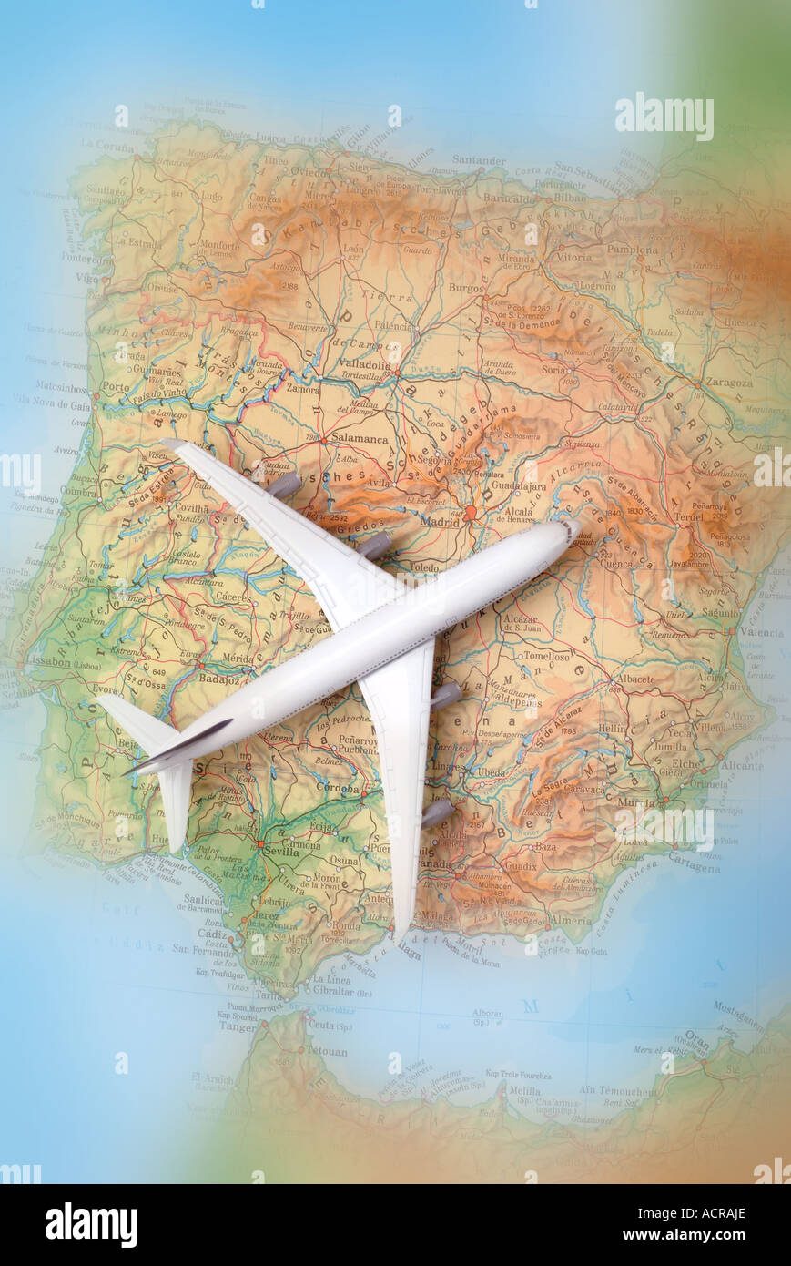 In aereo su una mappa della Spagna Flugzeug auf einer Karte von Spanien Foto Stock