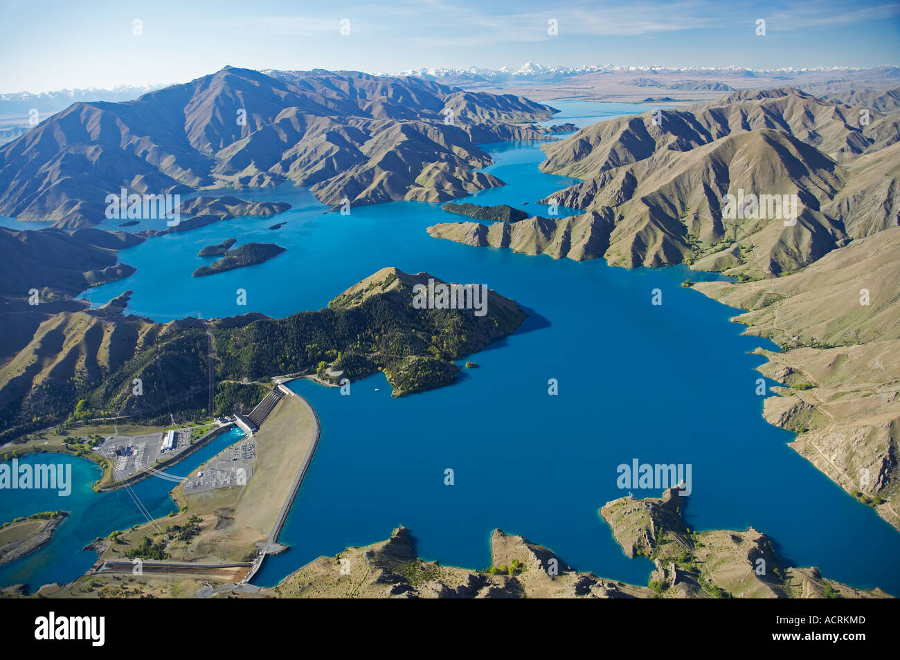 Benmore diga e lago di Benmore Waitaki Valley North Otago Isola del Sud della Nuova Zelanda antenna Foto Stock