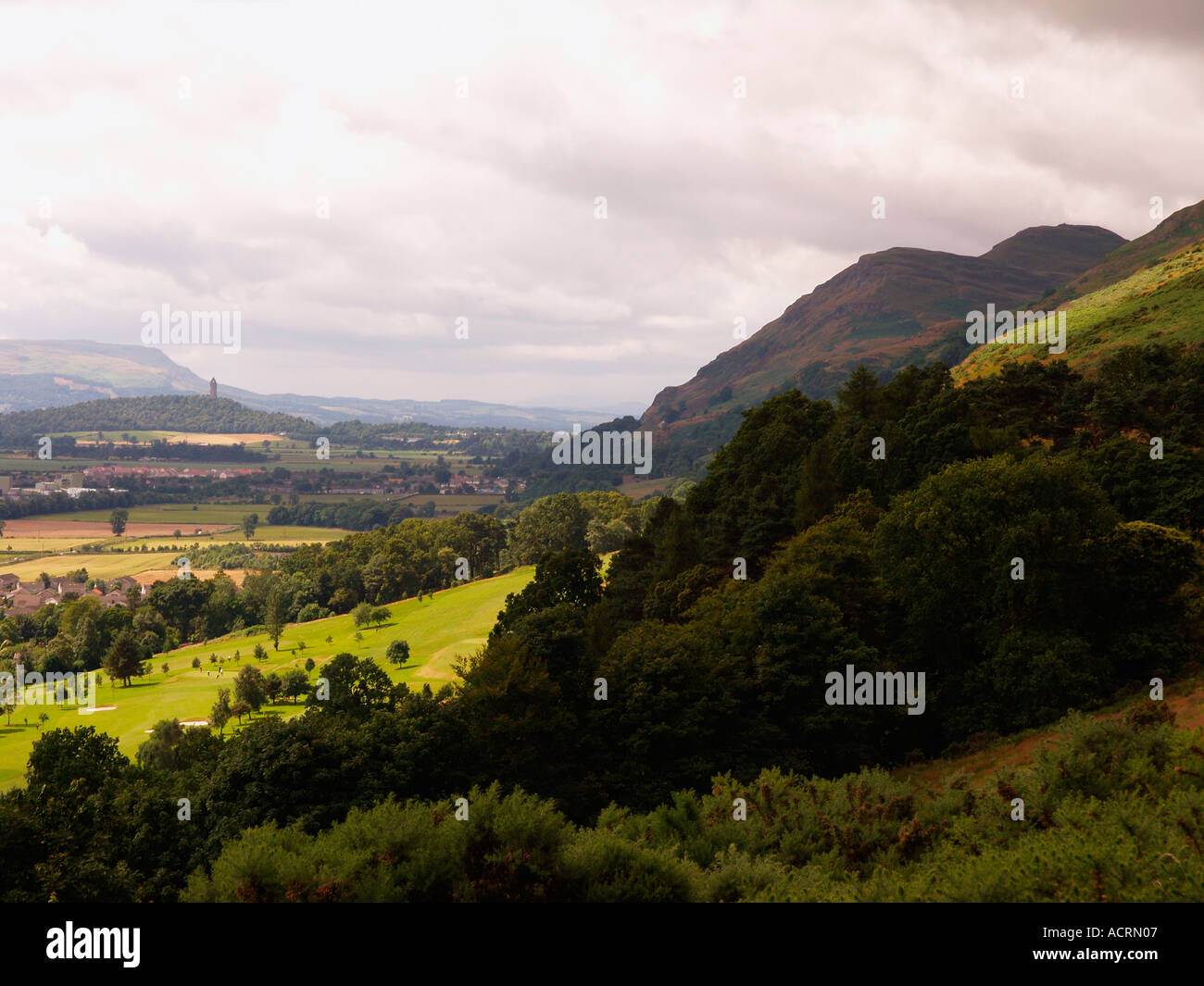 Dumyat Hill e Wallace Monument in distanza Ochil Hills Forth Valley Stirling Scozia Scotland Foto Stock
