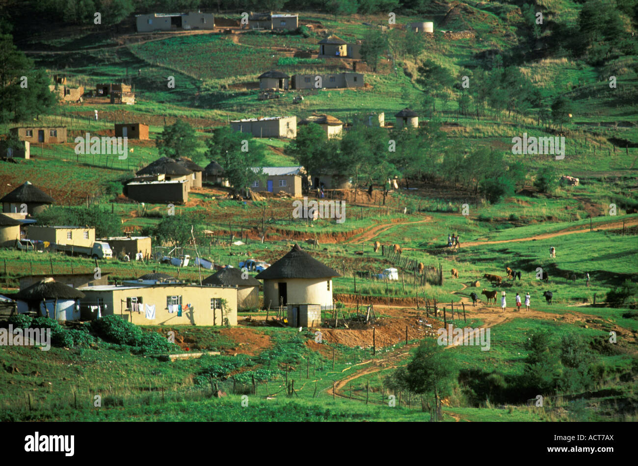 Insediamento informale nella montuosa zona rurale con semi tradizionali e moderne fattorie Lesotho Foto Stock