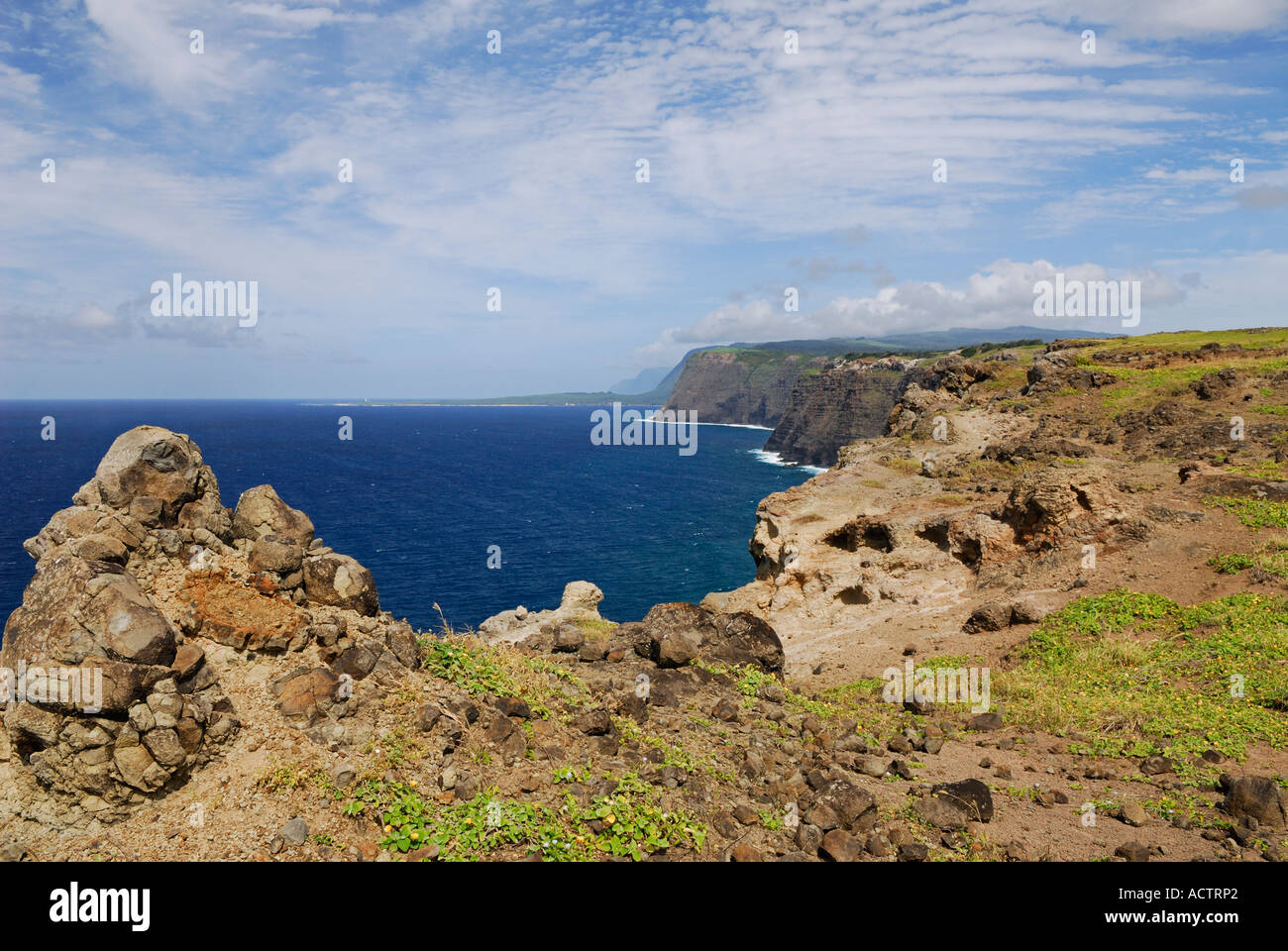 Le formazioni rocciose sul bordo delle scogliere sul mare a nord di Molokai shore Hawaii Foto Stock