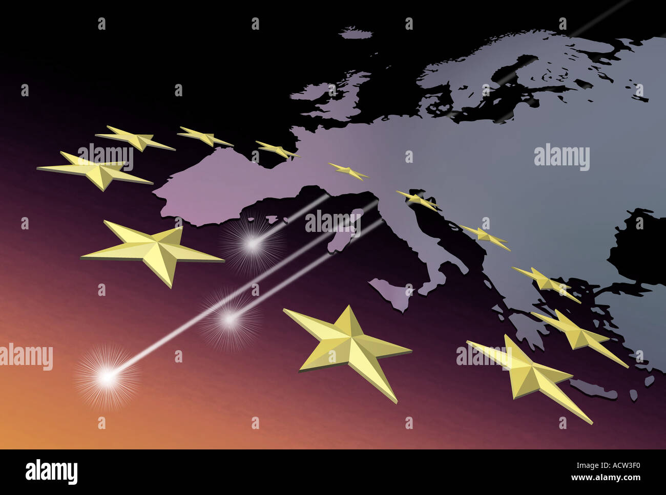 Tre Stelle Cadenti Dietro Stilizzata Mappa Di Europa In Rosa E Grigio Con Una Corona Di Stelle Foto Stock Alamy