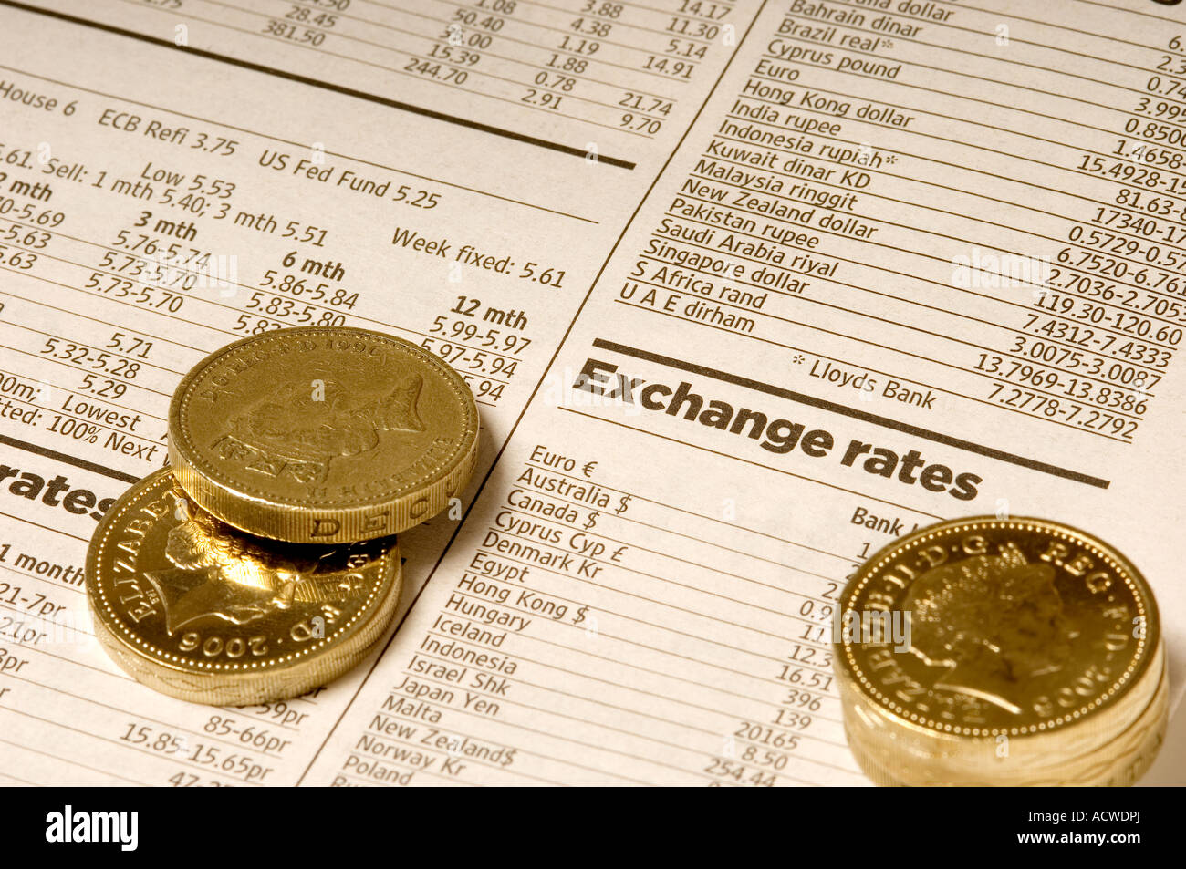Primo piano di concetto di finanza inglese britannico denaro monete in contanti e tassi di cambio in business giornale Foto Stock