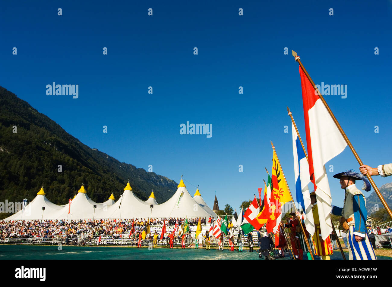 La Svizzera regione di Jungfrau Interlaken bandiere regionali della Svizzera sono esibiti in corrispondenza di Unspunnen Festival del Bicentenario Foto Stock