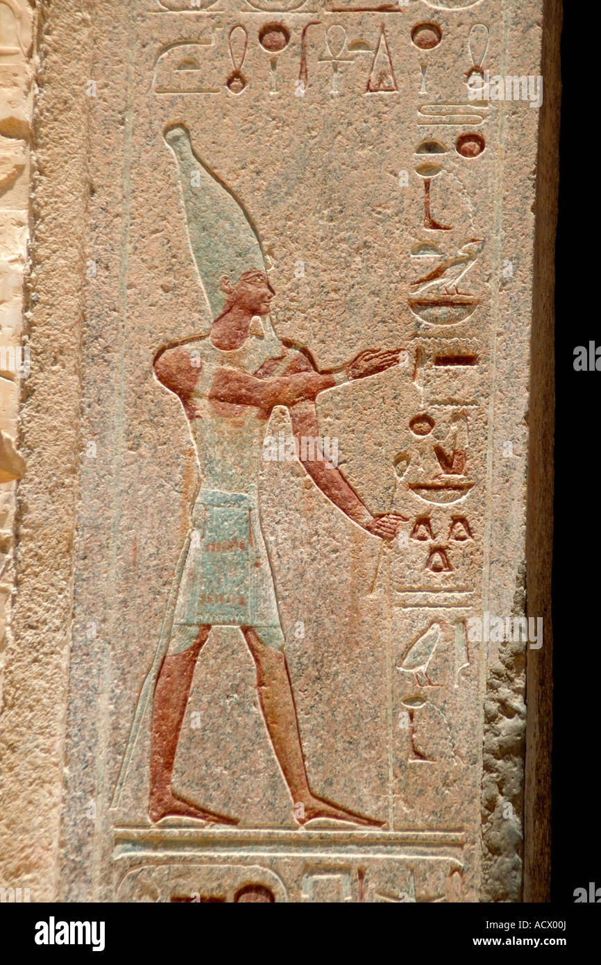 Egitto, Tempio di Hatshepsut, Horus, culto, statua, scultura, antica, divinità, cultura, mortuario, Faraone Hatshepsut, diciottesima dinastia, Cartouche. Foto Stock