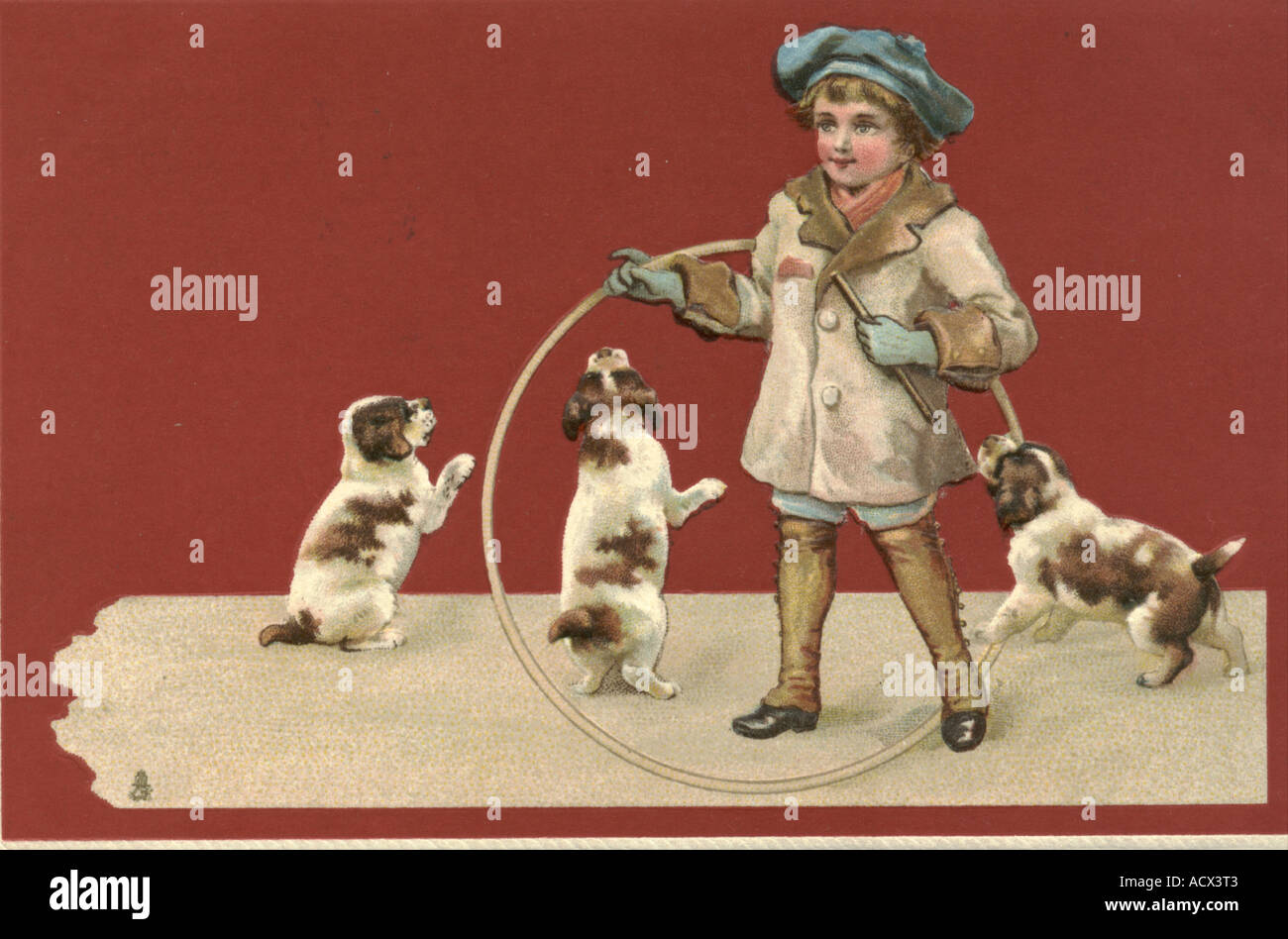 Cartoline di auguri del bambino con i cuccioli circa 1905 Foto Stock