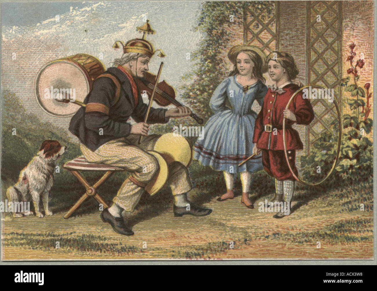 One man band street intrattenitore con bambini circa 1850 Foto Stock