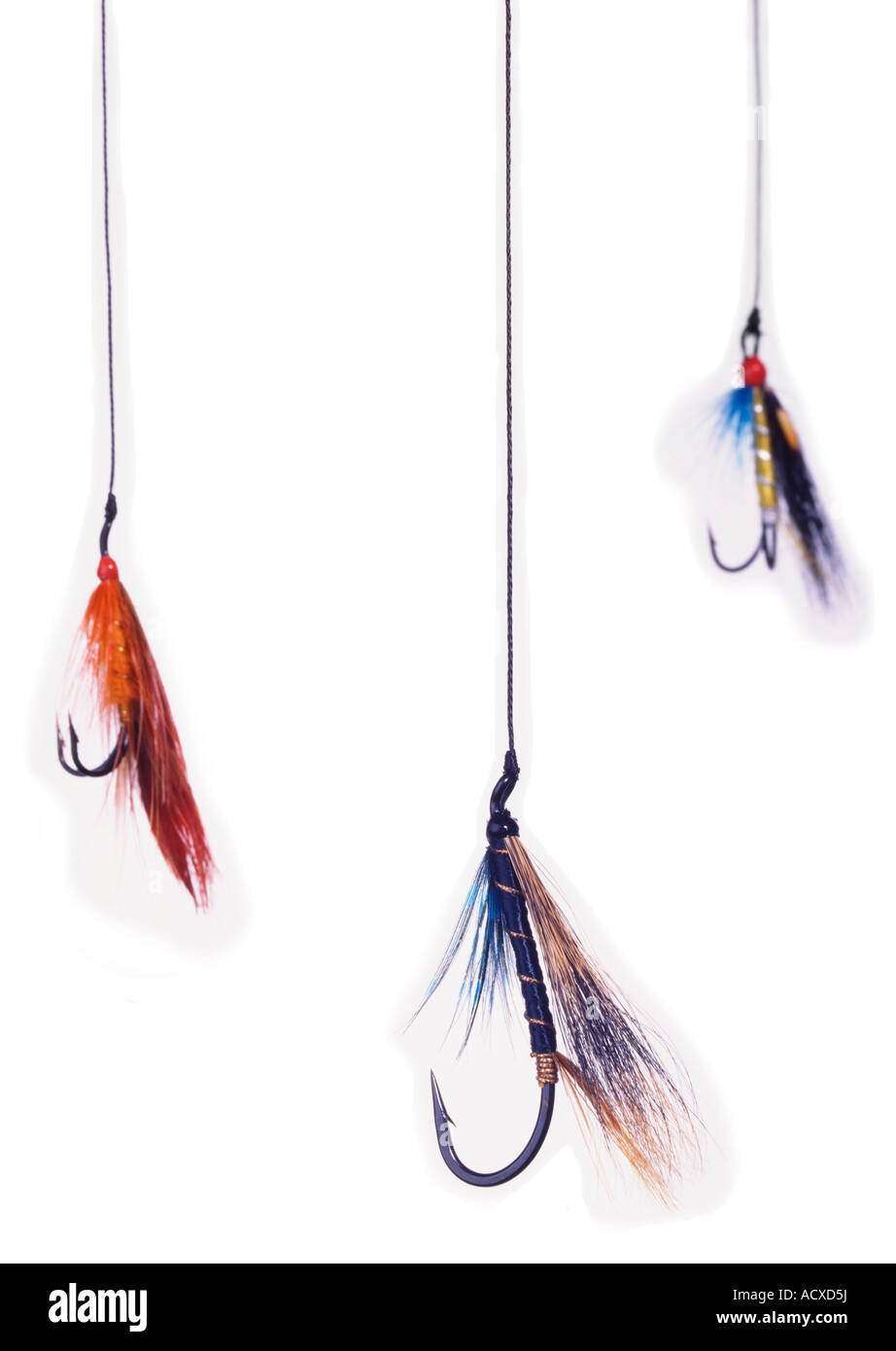 Tre mosche per la pesca e i ganci appesi sulle linee Foto Stock