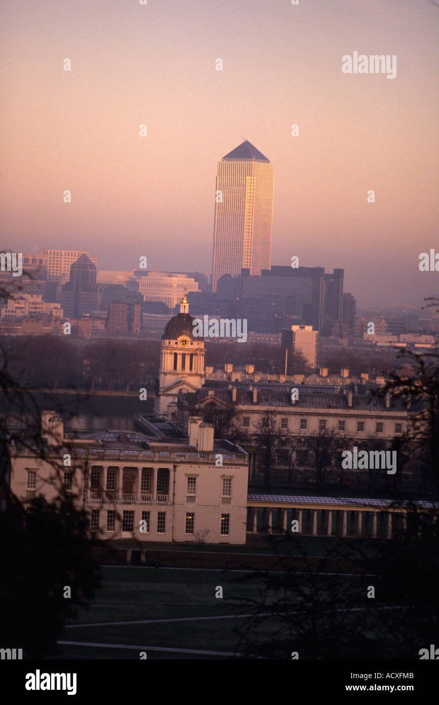 Canary Wharf da Greenwich 1993 Foto Stock