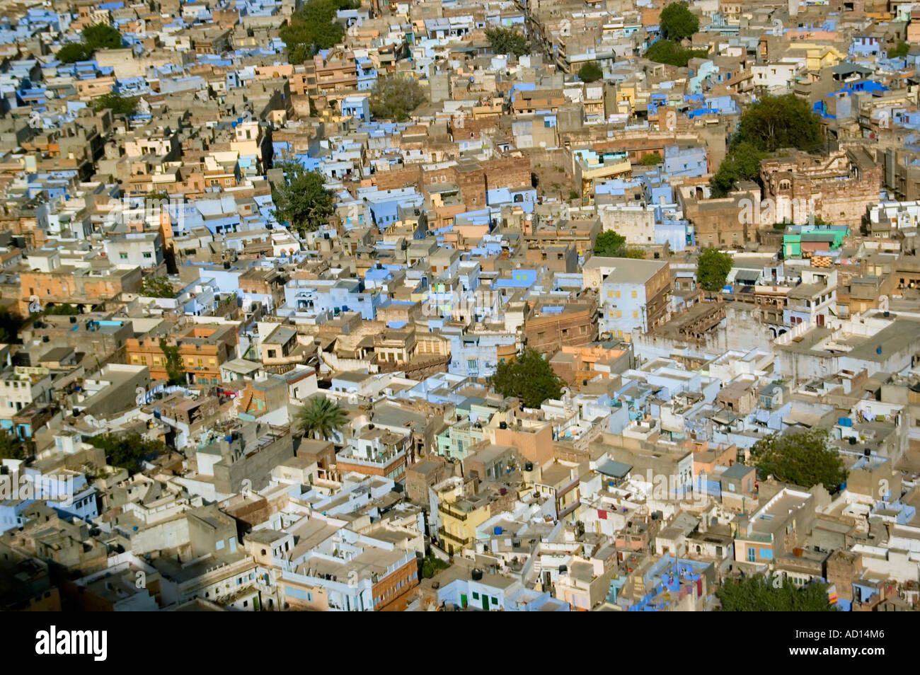 Sopraelevata orizzontale ampio angolo sopra la città di Jodhpur con varie case dipinte il distintivo blu indaco. Foto Stock