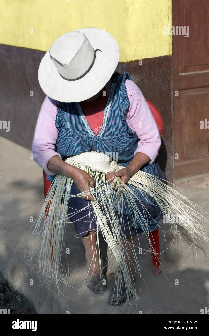 Donna tessitura a mano un cappello di Panama dalla paglia toquilla, nr Cuenca, Ecuador Foto Stock