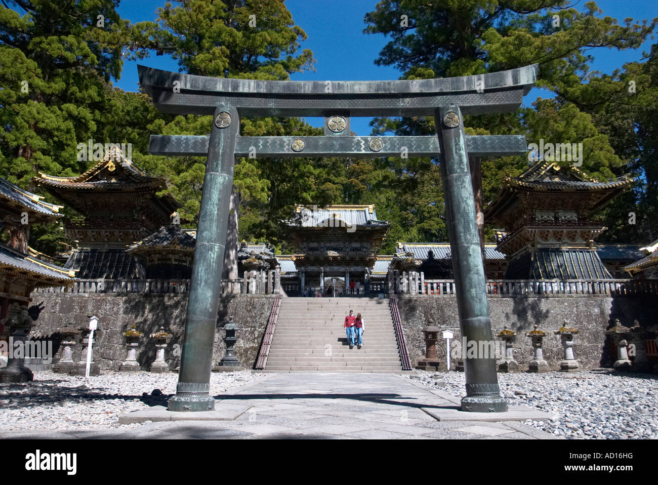 Tori presso l'entrata di Tosho-gu il Sacrario, Nikko, Giappone Foto Stock