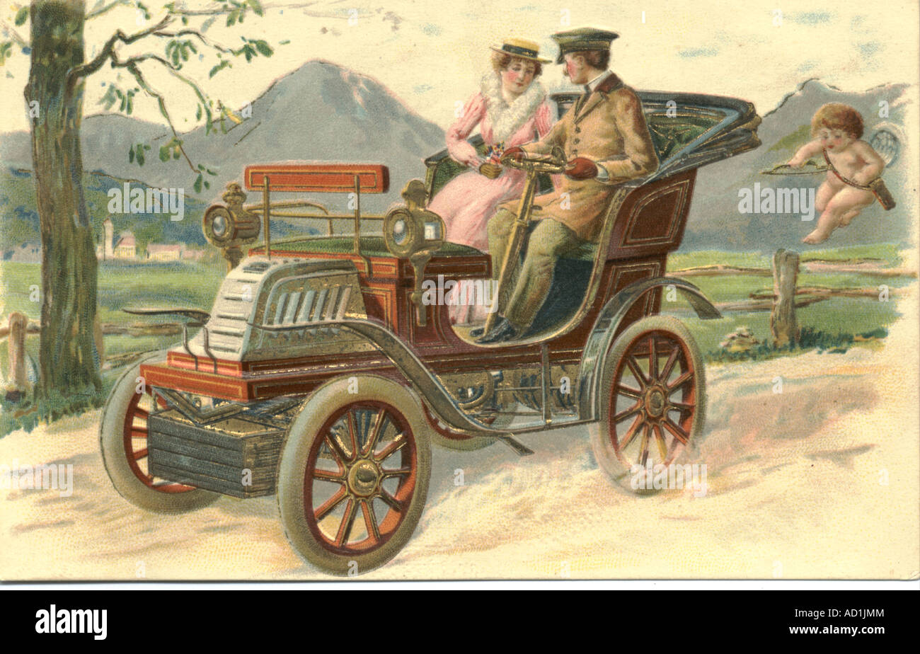 Cartolina in rilievo, cromolitografata che mostra giovani coppie con occhi solo l'uno per l'altro guidando attraverso la campagna intorno al 1905 Foto Stock