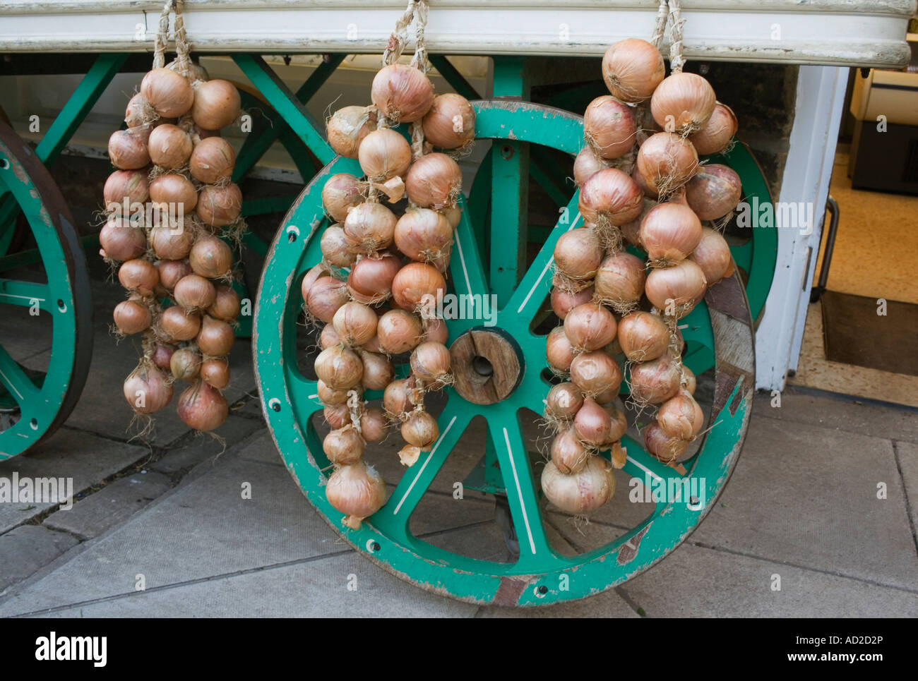 Stringhe di cipolle in vendita al di fuori fruttivendolo Foto Stock