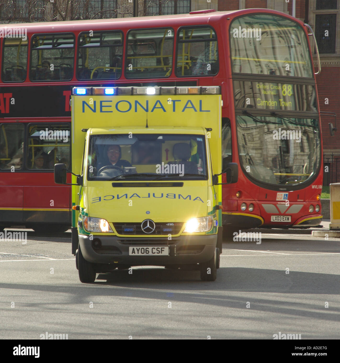 Neonatale acuta autista di ambulanza e luci da Cambridge su un presunto servizio di emergenza di un ospedale di Londra Inghilterra REGNO UNITO Foto Stock