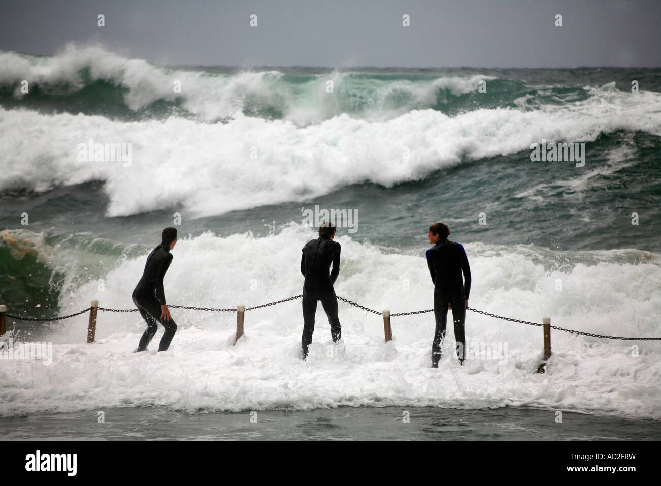 Giovani ragazzi adolescenti taunt sorte in piedi nel percorso del grande oceano onde durante una tempesta ciclonica a Dee Why Sydney Australia Foto Stock