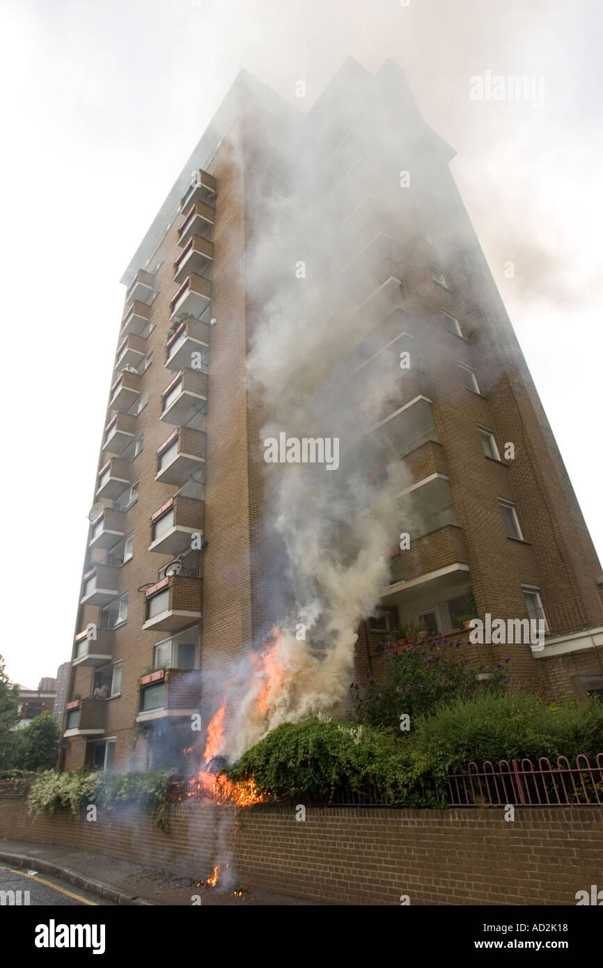 Giardino sul retro di un consiglio a torre sul fuoco Londra sud Foto Stock