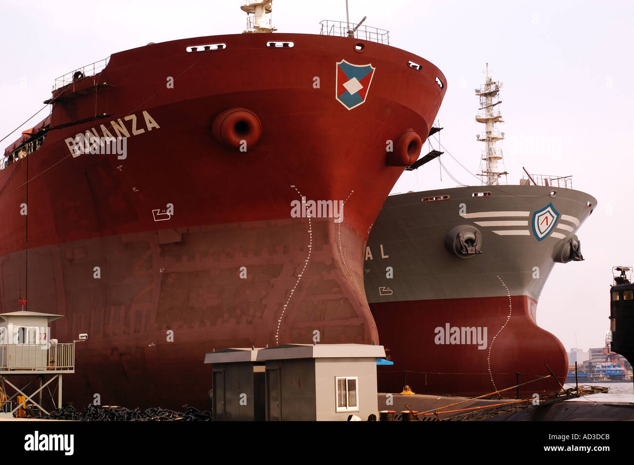 Le navi da carico ormeggiate presso i cantieri di riparazione sul fiume Huangpu a Shanghai in Cina Foto Stock