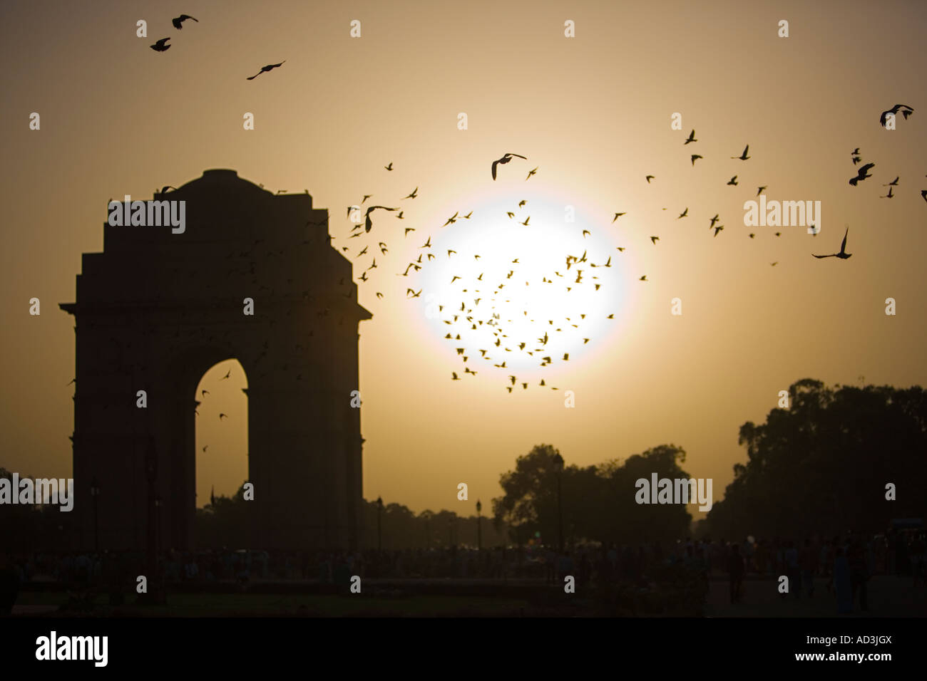 Uno stormo di uccelli vola sopra l'India Gate, Nuova Delhi. Foto Stock